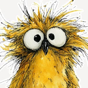 May include: A whimsical illustration of a yellow bird with large, expressive eyes and spiky feathers. The bird stands on thin black legs against a white background. The text "I made it" is displayed in black font.