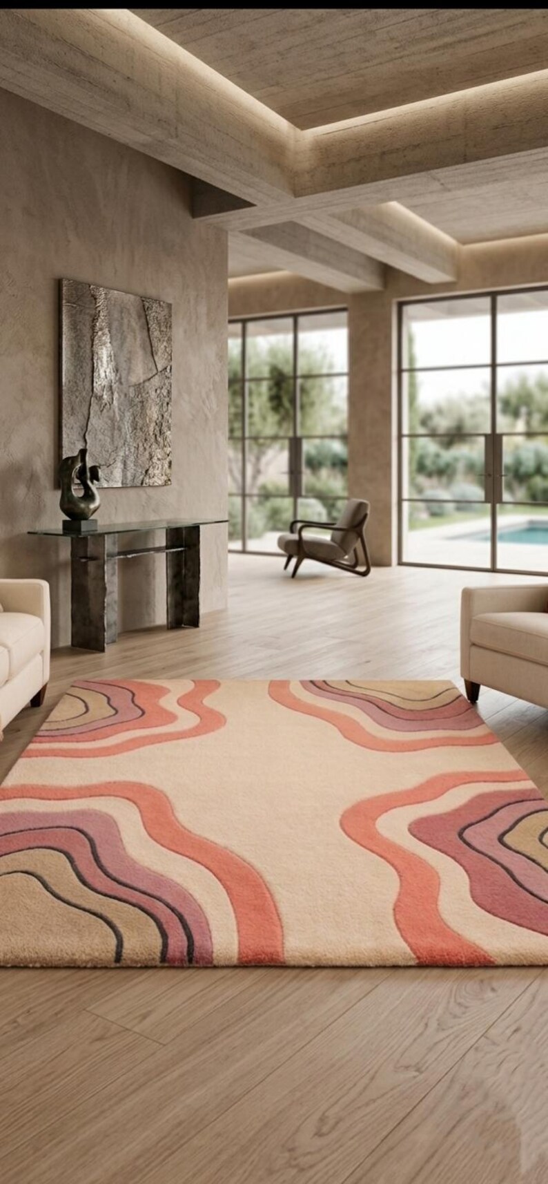 Topography Rug Pattern Retro Wavy Topographic Area Rug – Terracotta Dusty Rose Tufted Carpet ...