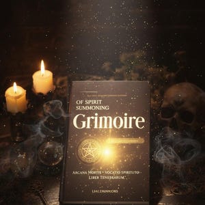 May include: A dark book titled "Grimoire" with the words "Of Spirit Summoning" above it. The book has a pentagram symbol and is surrounded by candles, a skull, and keys. Smoke and light add to the mystical theme.