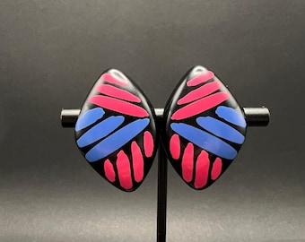 Pendientes de clip vintage de los 80, resina negra, rosa, azul, abstractos geométricos.