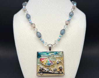 Vintage Sun Girl Beachy Enamel Pendant Necklace Beaded Multicolor Summer Kitsch