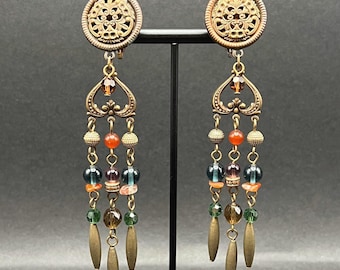 Vintage Clip On Earrings Shoulder Duster Bronze Tone Beaded Boho 4.75"