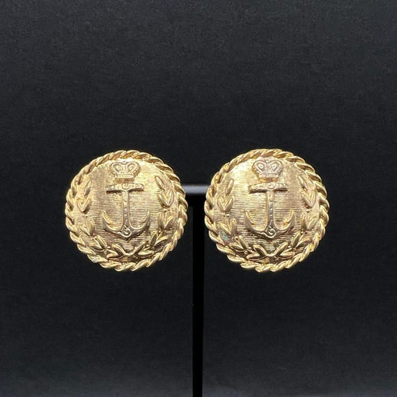 Vintage Crown Anchor Clip On Earrings Gold Tone Nautical Crest Rope Coastal