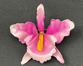 Vintage Brosche Emaille Blume rosa weiß Orchidee Pin Large 3"