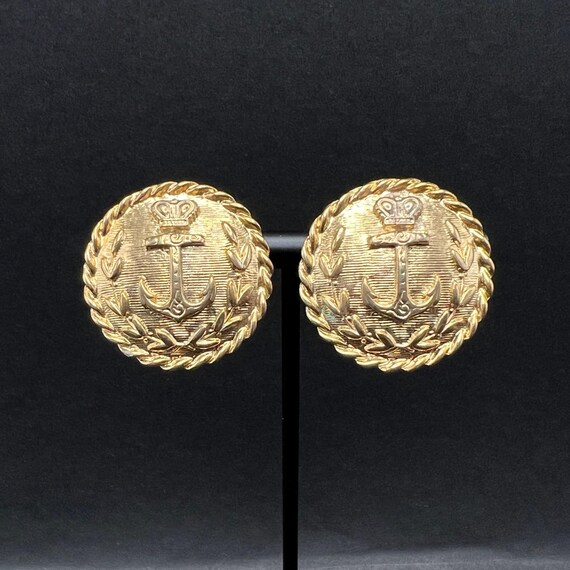 Vintage Crown Anchor Clip On Earrings Gold Tone Nautical Crest Rope Coastal View 2