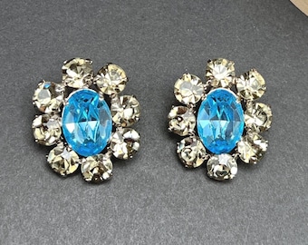 Vintage Rhinestone Earrings Blue Smoky Grey Crystal Prong Set Cluster