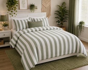 Vertical stripe cotton bed set Striped duvet cover & pillowcases Green and white bedroom decor Minimalist bedding Green comforter and shams