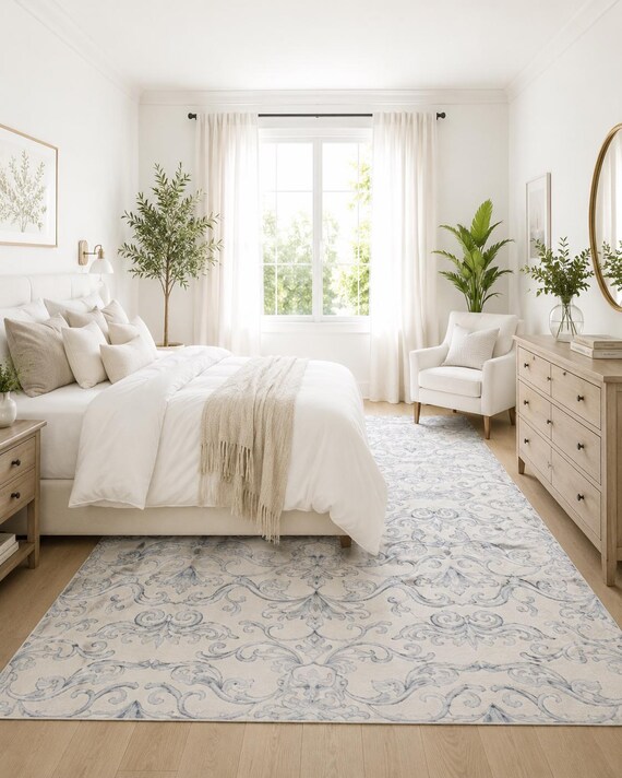 Blue Area Rug | Coastal Home Decor | Feminine Bedroom