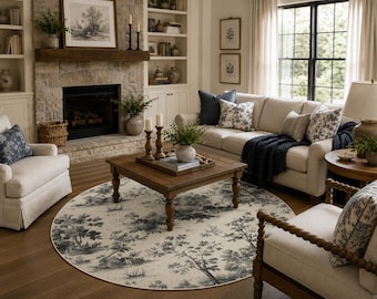 Classic toile accent rug Vintage toile bedroom rug French country home decor Scenic toile living room round rug Vintage botanical floor rug