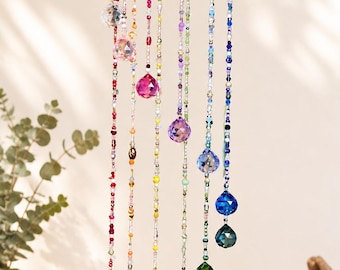 Handcrafted Rainbow Beaded Crystal Windchime Suncatcher – Brass Hardware