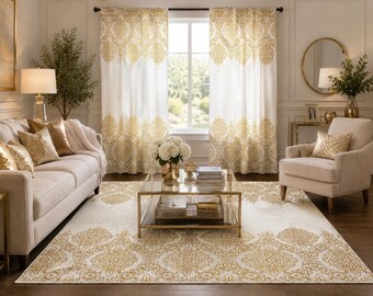 Traditional gold damask area rug Classic living room accent rug Luxury bedroom rug Elegant home decor Vintage inspired bedroom decor