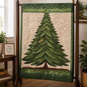 May include: A rectangular quilt featuring a large, central evergreen tree with layered green fabric branches and a brown trunk. The background is a cream-colored fabric with intricate swirling quilted patterns, framed by a dark green border.