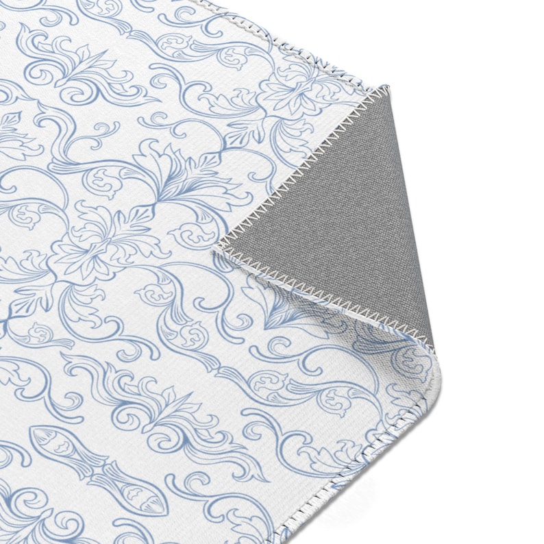 Blue and white French country area rug.