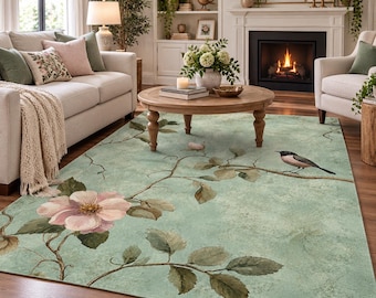 Vintage bird and rose area rug  Floral decorative rug Garden home decor Sage green and pink floral area rug Songbird accent rug for entryway