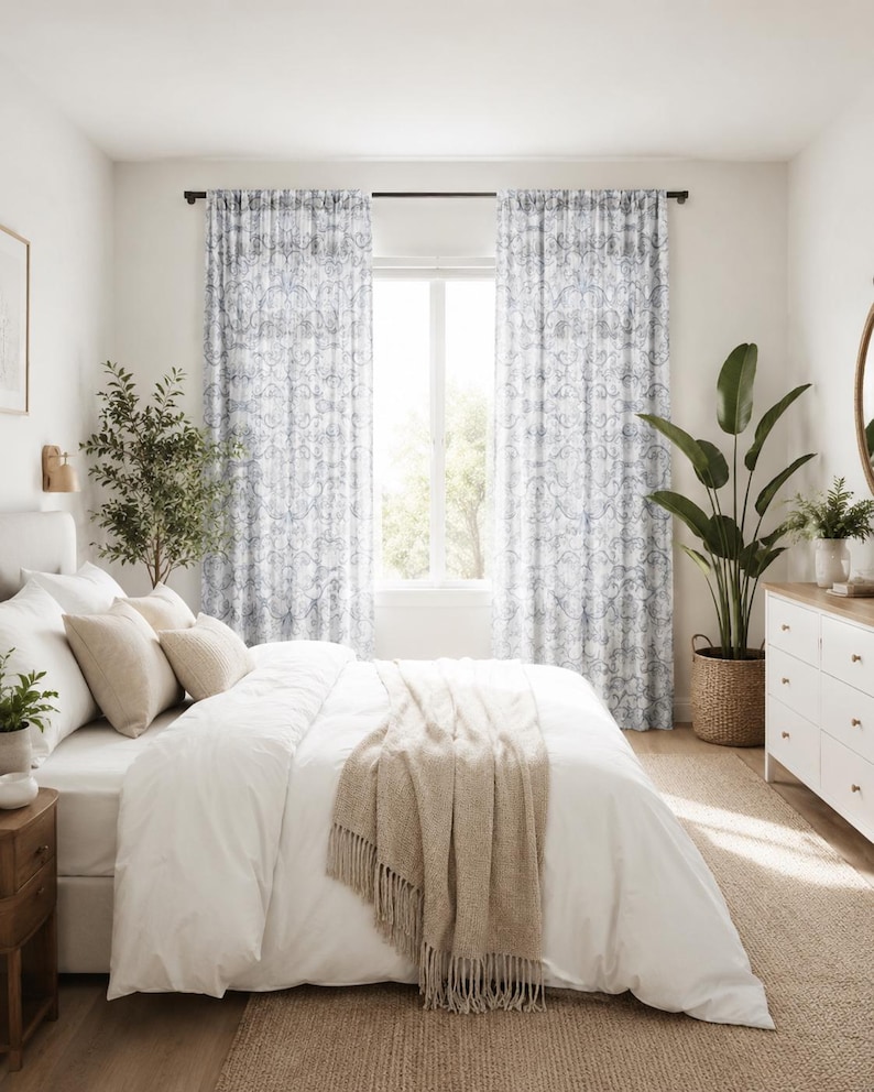 French cottage home decor. [Matching curtains to area rug]