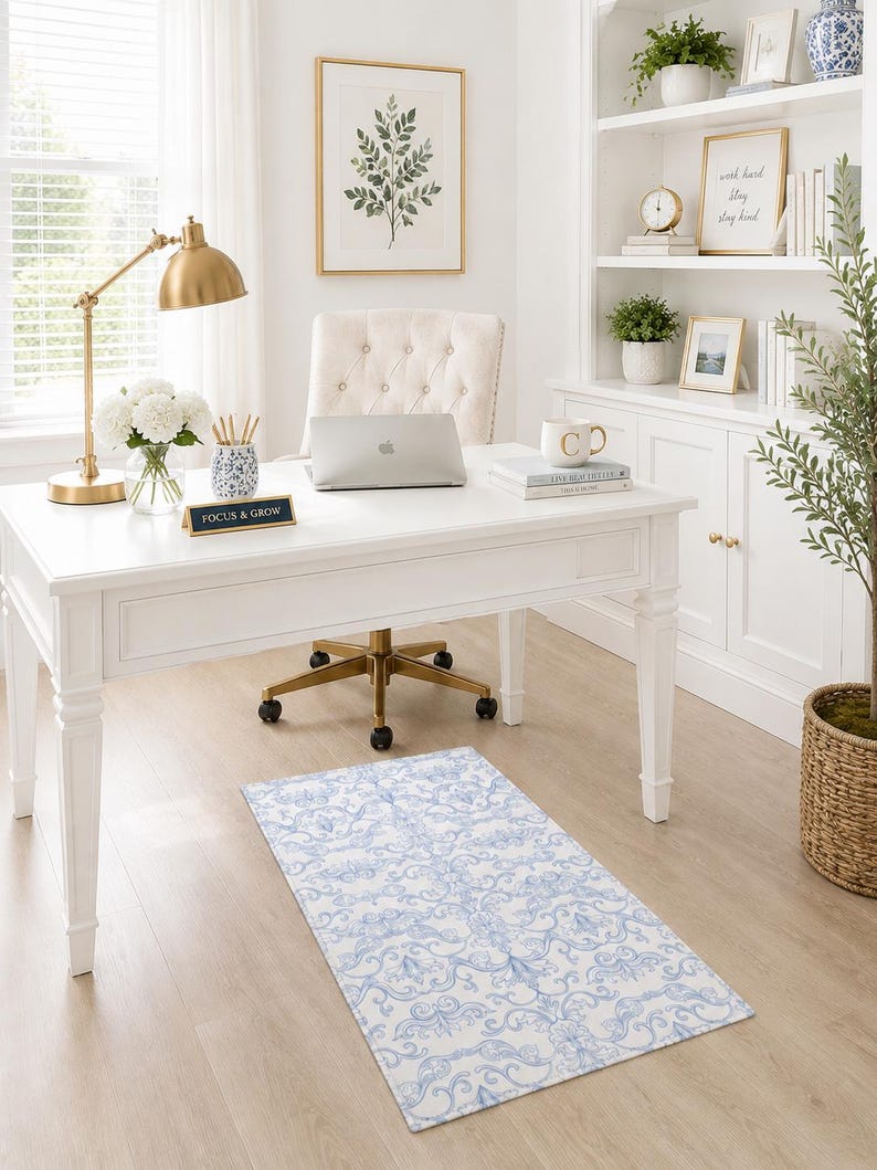 Blue & white office accent rug.
