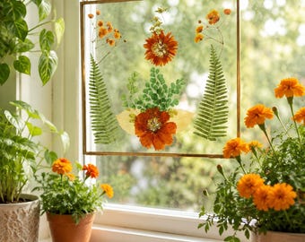 Decorazione murale realizzata a mano con fiori pressati arancioni e fogliame verde / Cornice in vetro da appendere / Decorazione ispirata alla natura