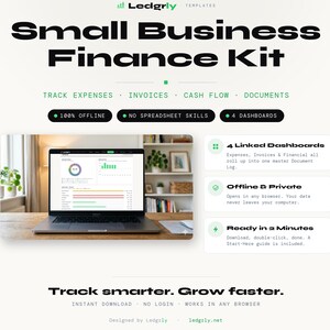 May include: A digital Small Business Finance Kit template by Ledgrly featuring a laptop displaying financial dashboards. The kit includes four linked dashboards, offline privacy, and a two-minute setup for tracking expenses, invoices, and cash flow.