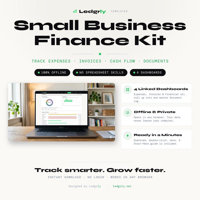 May include: A digital Small Business Finance Kit template by Ledgrly featuring a laptop displaying financial dashboards. The kit includes four linked dashboards, offline privacy, and a two-minute setup for tracking expenses, invoices, and cash flow.