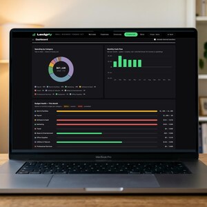 May include: A laptop displaying a financial dashboard on its screen, featuring a dark interface with a colorful donut chart, a green bar graph for monthly cash flow, and horizontal progress bars detailing various expense categories.