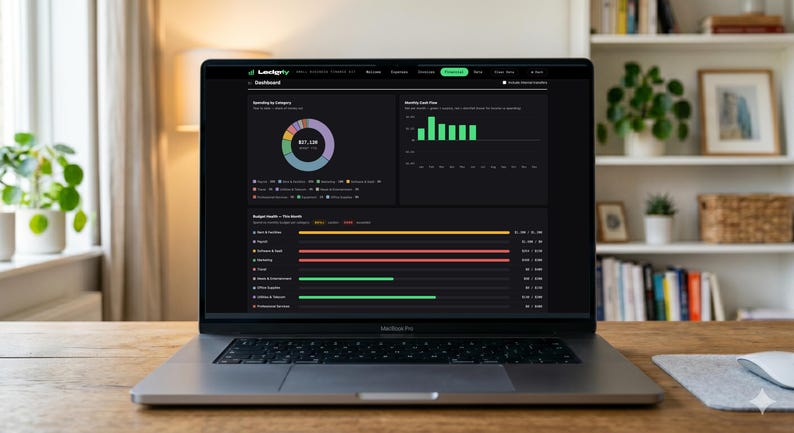 May include: A laptop displaying a financial dashboard on its screen, featuring a dark interface with a colorful donut chart, a green bar graph for monthly cash flow, and horizontal progress bars detailing various expense categories.
