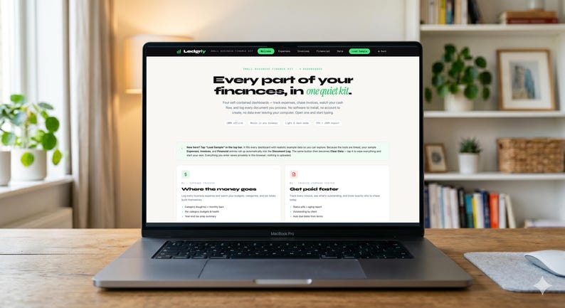 May include: A laptop computer displaying the Ledgerly website on its screen. The webpage features the text Every part of your finances, in one quiet kit, along with sections titled Where the money goes and Get paid faster on a white background.