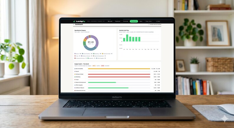 May include: A laptop computer displaying a financial dashboard on its screen. The interface features a donut chart labeled Spending by Category, a bar graph for Monthly Cash Flow, and a Budget Health section with horizontal progress bars.