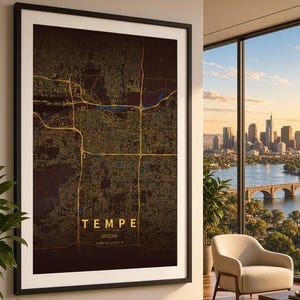 May include: A framed wall art print featuring a dark brown map of Tempe, Arizona, with gold-colored road networks and highways. The text reads TEMPE, ARIZONA, and includes geographic coordinates in a clean, sans-serif font centered at the bottom.