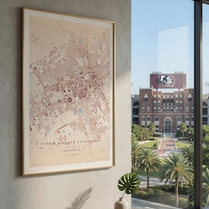 Florida State University Campus Map Print | Tallahassee Florida Street Map | FSU Alumni Gift | Graduation Gift | Dorm Wall Art