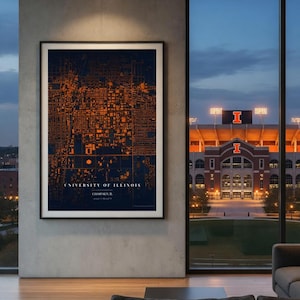 May include: Framed art print featuring a detailed map of the University of Illinois campus in orange and navy blue. The print includes the university name and coordinates. The image is displayed in a modern living room setting.