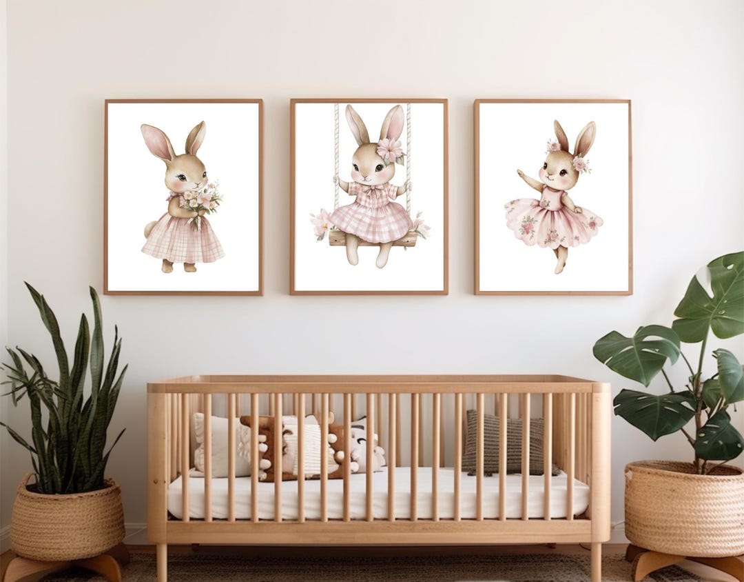 Bunny Nursery Wall Art Set of 3 Prints, Pink Floral Girl Room Decor ...