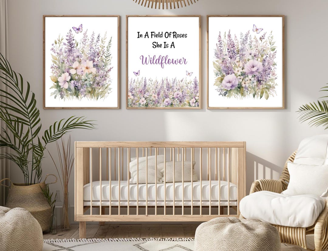 Purple Wildflower Nursery Wall Art Prints, Floral Quote Wall Art ...
