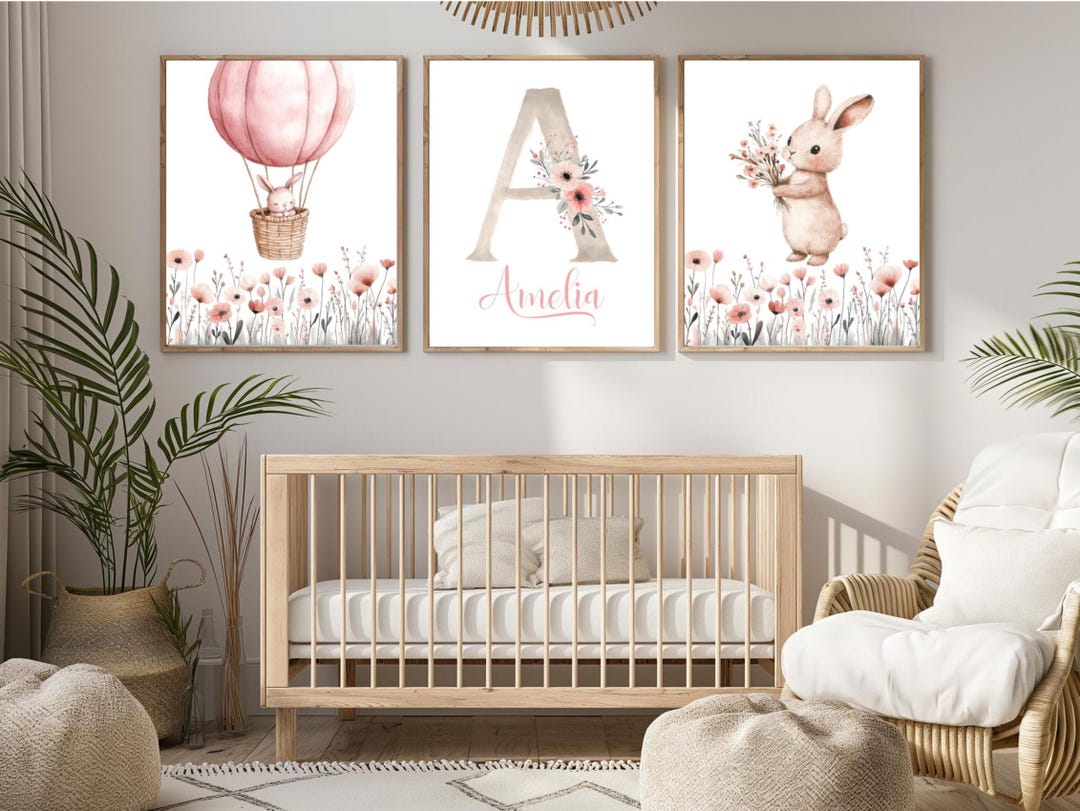 Personalized Bunny Nursery Wall Art Prints Set of 3, Custom Girl Name ...