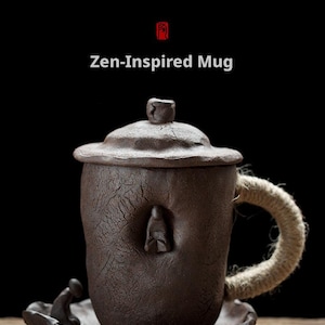 Taza de cerámica Wabi-Sabi artesanal con tapa, taza de café o té de cerámica zen, decoración boho para el hogar