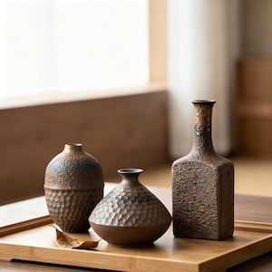 Juego de jarrones de cerámica texturizada, estilo rústico marrón Wabi Sabi, jarrones para capullos de flores secas