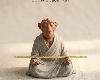 Handgefertigtes Zisha Tee-Haustier, meditierende Sun Wukong Figur, Goldener Knüppel, Feng Shui Dekor