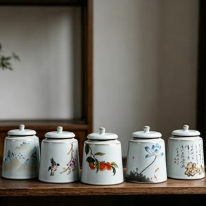 Könnte beinhalten: Fünf weiße Keramikgläser mit Deckeln, jedes mit einzigartigen handgemalten Designs verziert. Die Gläser zeigen Illustrationen von Landschaften, Vögeln, Blumen und Früchten. Die Gläser sind auf einer Holzoberfläche angeordnet.