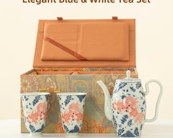 Handmade Blue and White Goldfish Teapot Set, Ceramic Gongfu Tea Gift Box