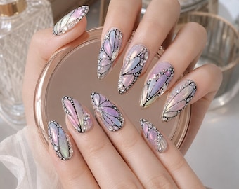 Uñas postizas con mariposa iridiscente: purpurina pastel, elegante conjunto (hecho a mano), regalo para ella.