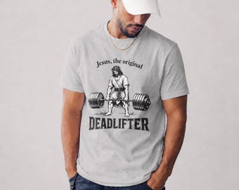 Maglietta da palestra cristiana con scritta "Jesus Deadlifter", maglietta grafica per allenamento fitness e fede.