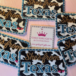 She’s From Texas Blk/Wht Cow Print Iron on patch