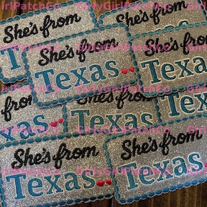 She’s From Texas Embroidered Iron on Patch for Hats- Silver Glitter and Turquoise