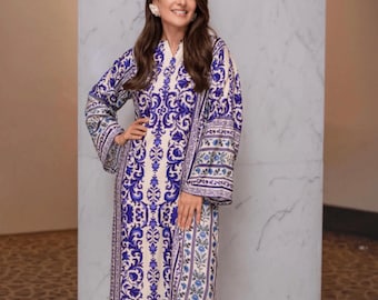 Printed Raw Silk Kaftan Women's Dress with sleeves