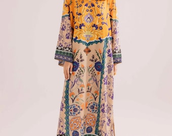 Printed Raw Silk Kaftan Artisan Dress with sleeves