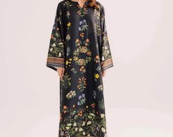 Printed Raw Silk Kaftan Artisan Dress with sleeves