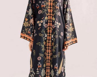 Printed Raw Silk Kaftan Artisan Maxi Dress with long sleeves