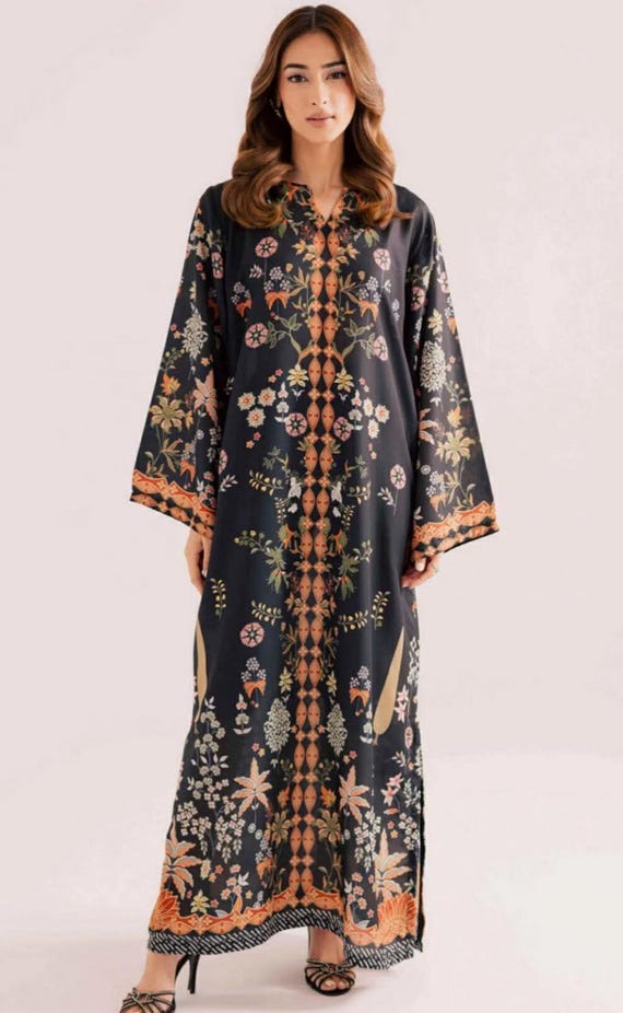 Printed Raw Silk Kaftan Artisan Maxi Dress with long sleeves