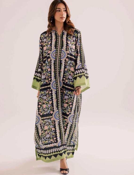 Silk kaftan Artisan Modern Printed Women’s maxi Dress with sleeves
