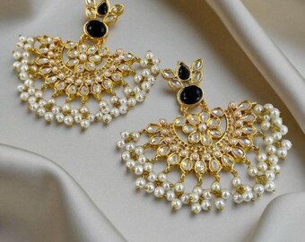 Chandbali white black and gold chandelier earrings Pakistani