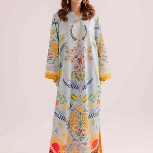 Printed Raw Silk Kaftan Artisan Dress with sleeves